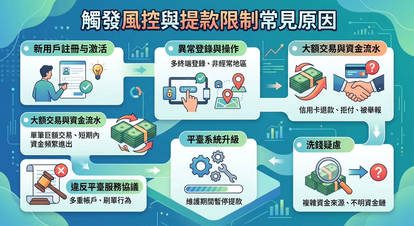這張圖表採用現代簡約的藍綠色風格,清晰呈現「觸發風控與提款限制常見原因」的核心主題。 畫面結合了多個簡潔的視覺圖示與流程區塊,直觀地展示出帳戶安全監測與資金提領限制的各項常見情境。