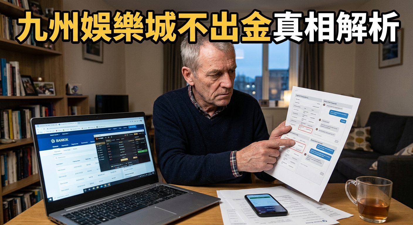 這張圖片展示了一名男子正專注地核對電腦螢幕與手中文件上的交易紀錄,營造出深入調查與數據解析的氛圍。 頂部配有醒目的黃字黑邊標題「九州娛樂城不出金真相解析」,突出了針對平台提款問題進行真相揭秘的主題。